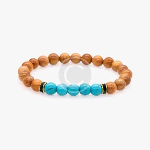 Green Howlite Stone Beads Natural Wood Strand Bracelet